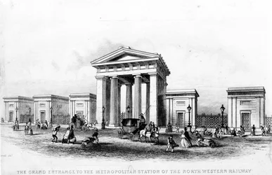 De grote ingang van het Metropolitan Station van de North Western Railway, gegraveerd door Alfred Ashley, c.1837